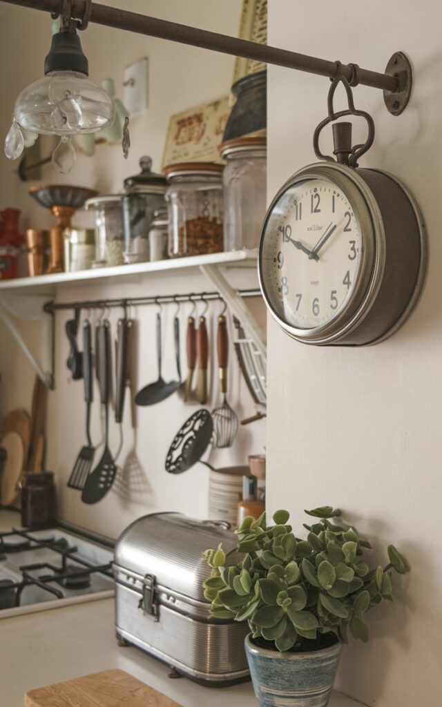 A photo of a vintage-style, cozy kitchen with a rail and a station clock on the wall. The kitchen has a vintage touch, with antique jars, old-school utensils, a charming breadbox, and an antique chandelier. The focus is on the retro clock with a black face and white hands, hanging on the wall beside a potted plant.