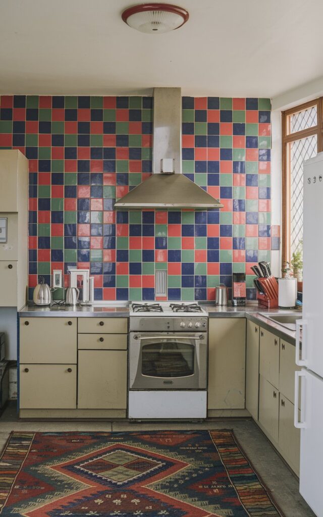 A photo of a Bauhaus kitchen with an accent wall of bright colored wall-tiles in the Bauhaus pattern (bold red, blue, green). There are a few cabinets in neutral colors. The kitchen is fully furnished with essentials, including a stove, oven, sink, and refrigerator. There is a rug on the floor and a light fixture on the ceiling.