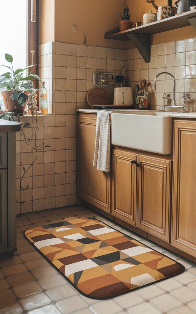 A photo of a cozy kitchen with a warm color palette. There's an anti-fatigue cushioned mat in a geometric pattern with warm colors. The mat is placed near the sink. There's a plant near the window. The walls have beige tiles and the cabinets are wooden.