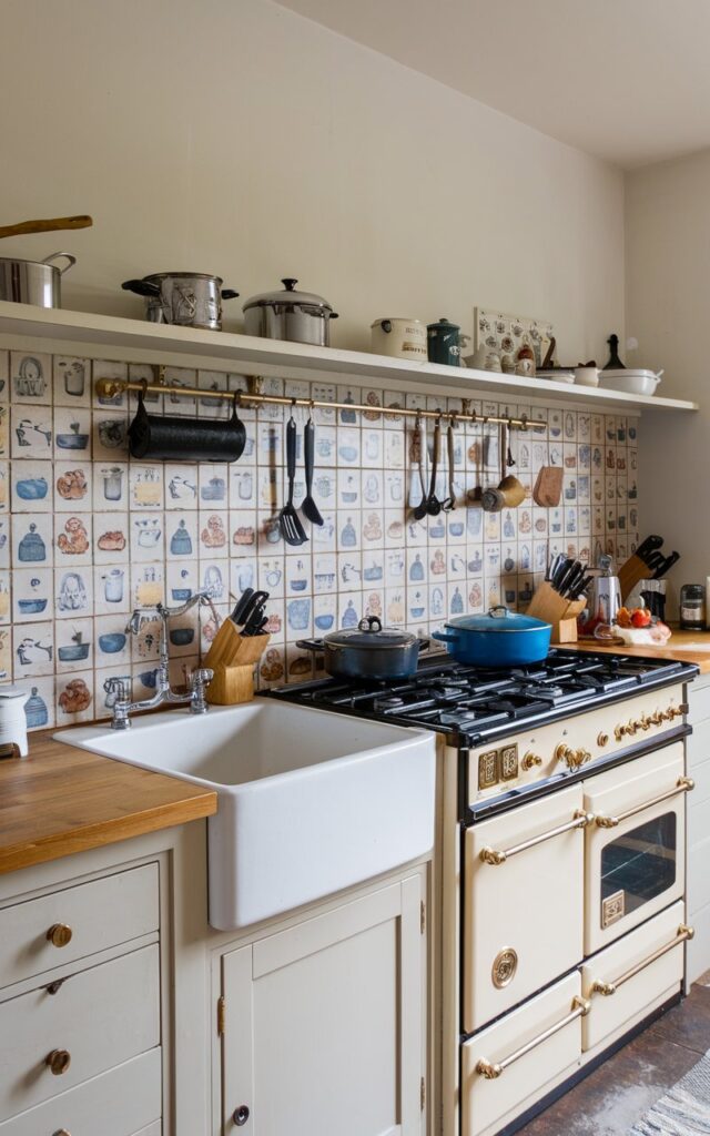 A photo of a kitchen in an English countryside setting. The countertop has a backsplash made of peel-and-stick tiles with a kitchen theme. The counter is fully furnished with a sink, stove, and various appliances. There are also pots, pans, and utensils on the counter. The walls and cabinetry are painted white.