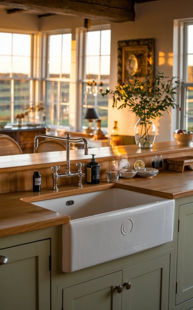A photo of an English countryside open kitchen countertop with a large sink that has an under-mount design for a sleek look. The kitchen is fully furnished and has a golden hour lighting. The background contains a window with a view of the countryside.