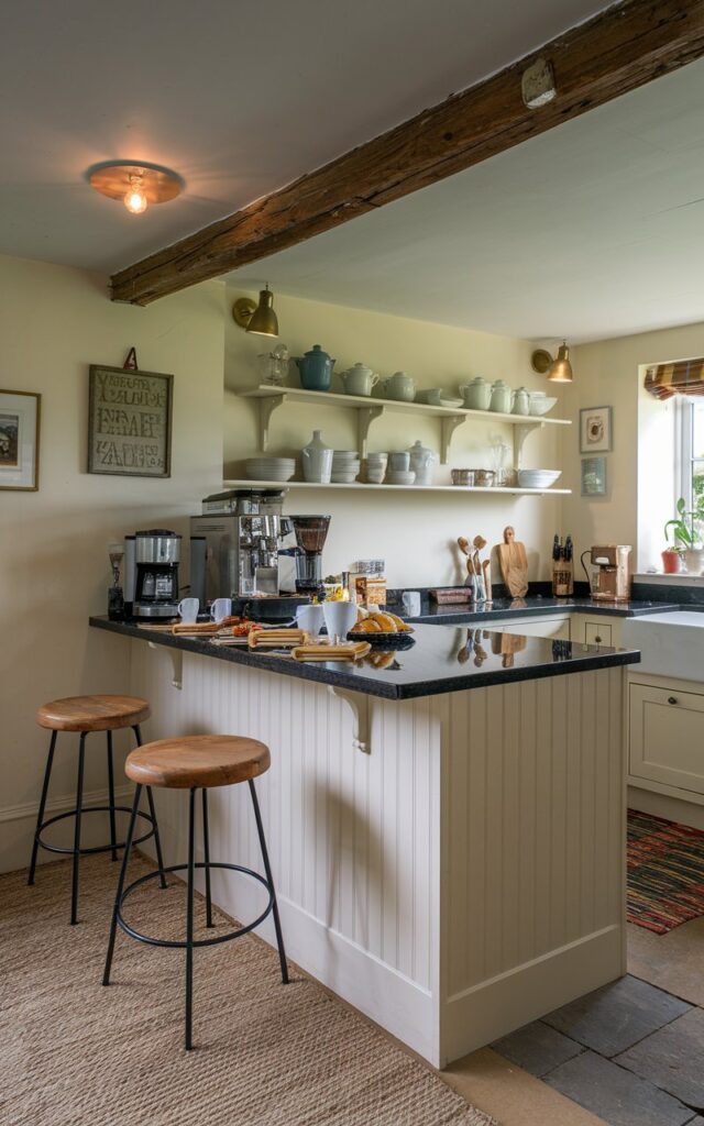 A photo of a breakfast bar in an English countryside kitchen. The breakfast bar has a black granite countertop and wooden chairs for seating. There's a coffee machine on the counter, along with some food. The ceiling has wooden beam and a light. There's a rug on the floor.