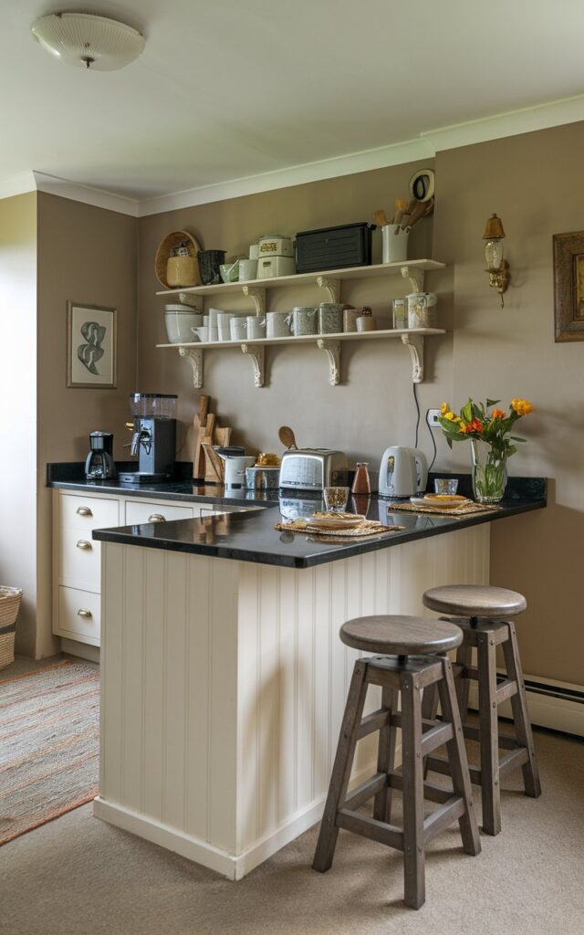 A photo of a breakfast bar in an English countryside kitchen. The breakfast bar has a black granite countertop and is equipped with a coffee machine, a toaster, a kettle, and a few essential kitchenware items. There are also a few stools for seating. The wall behind the breakfast bar is painted beige, and there is a rug on the floor. The ceiling has a light fixture.