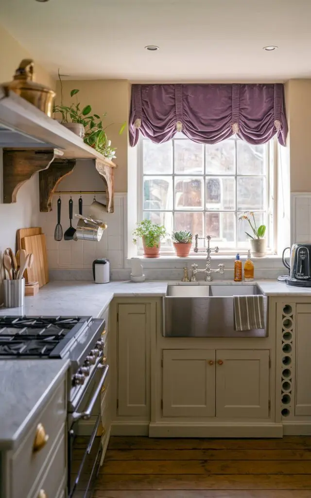 A photo of a luxurious English countryside kitchen with a shining velvet curtain in violet color on a window above the sink. The kitchen is fully furnished and has a warm, soft natural lighting. There is a marble countertop, a stainless steel sink, and a few appliances. There are also potted plants and a wooden rack with utensils. The floor is made of wood.