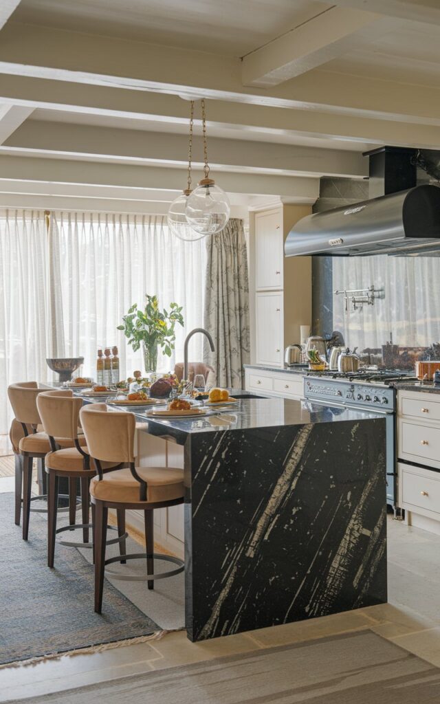 A photo of a modern luxurious kitchen in an English countryside setting. The kitchen has a black marble island with a waterfall effect and a polished quartz countertop. The countertop has a sink, rangehood, food, and other items. The kitchen is fully furnished with modern appliances. The kitchen island has luxurious seating, a hanging pendant light, and a rug. The photo focuses on the polished quartz countertop. Natural light is filtered through curtains.