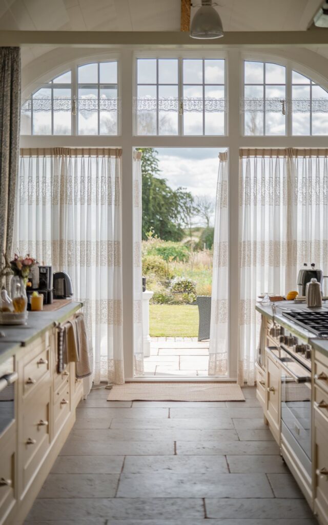 A photo of a modern luxurious kitchen in an English countryside house. The kitchen is fully furnished with essential appliances and has a luxurious touch. There are floor-to-ceiling windows with sheer and lace curtains. The outdoor view is a garden. The natural light is well-filtered through the curtains.