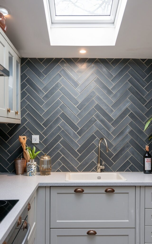 An L-shaped Boho + Bauhaus kitchen having grey charcoal color subway tile backsplash in herringbone pattern. Skylight ceiling. Close up view of the backsplash. The countertop is fully furnished.