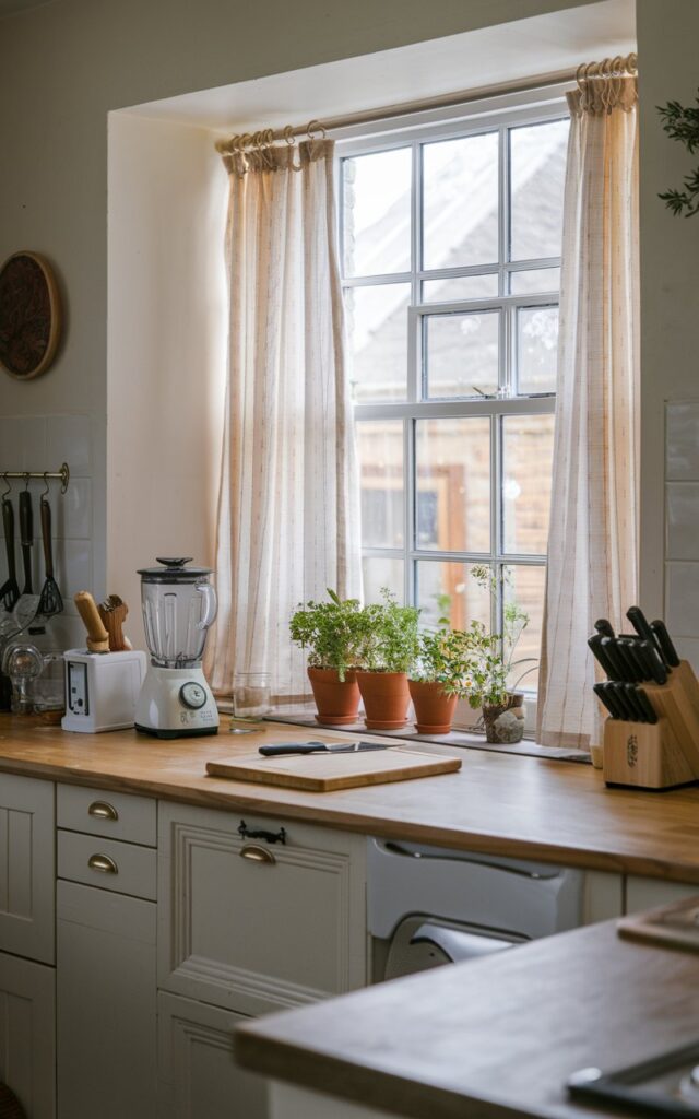 An L-shaped English countryside kitchen with a window as the backsplash. The window has sheer curtains. There are a few potted herbs on the window sill. The countertop has essentials like a blender, a knife, and a cutting board. The natural light is mild and even.