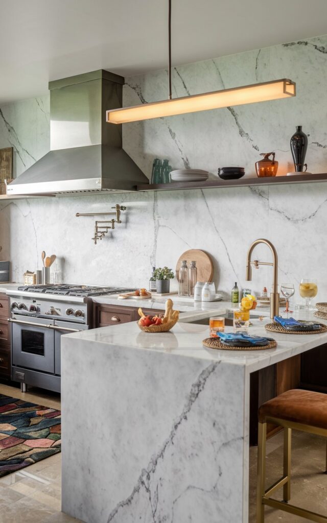 A photo of an L-shaped Hollywood Glam kitchen with a waterfall-edge marble countertop. The countertop has a range hood, a sink, food, drinks, and other essentials. There is a linear pendant light with a light on. The kitchen is fully furnished. The floor has a unique rug. The lighting is soft and natural.