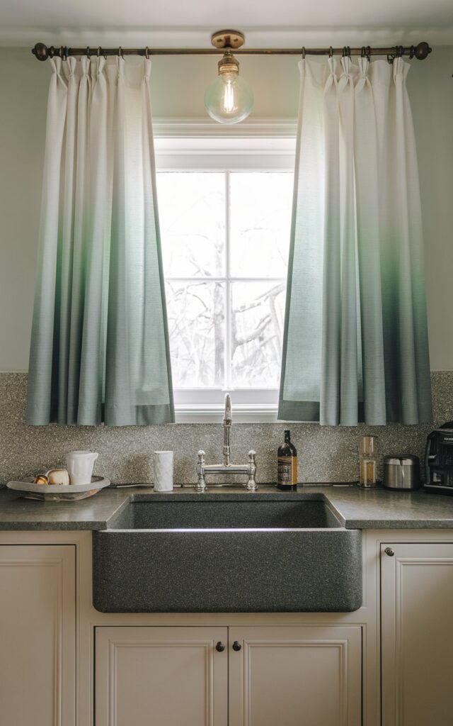 A photo of an art deco kitchen with ombre curtains (light green). The kitchen has a granite sink and a textured backsplash. The sink is placed under a window. The lighting is bright. The overall kitchen has a clean and modern design.