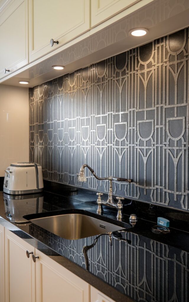 A photo of an art deco kitchen with a black granite countertop and embedded lighting. The countertop is fully furnished with a sink, a faucet, and a few appliances. The unique backsplash features a geometric pattern. The walls have a light hue.