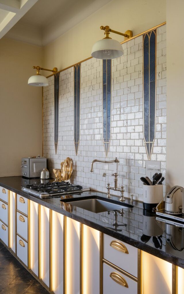 A photo of an art deco kitchen with a black granite countertop furnished with a sink, a faucet, and several appliances. The unique backsplash is made of white tiles with blue and gold accents. The walls are painted beige. There are gold light fixtures above the sink and stove. The floor is made of dark tiles.