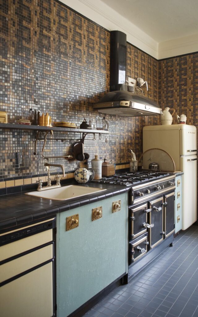 A photo of an art deco kitchen with a mosaic tile wall in an intricate design. The kitchen is fully furnished, with a contrasting counter, appliances, and hardware. The counter has a few items on it. There's a sink, a stove, and a refrigerator. The floor is tiled. The overall room has a vintage feel.