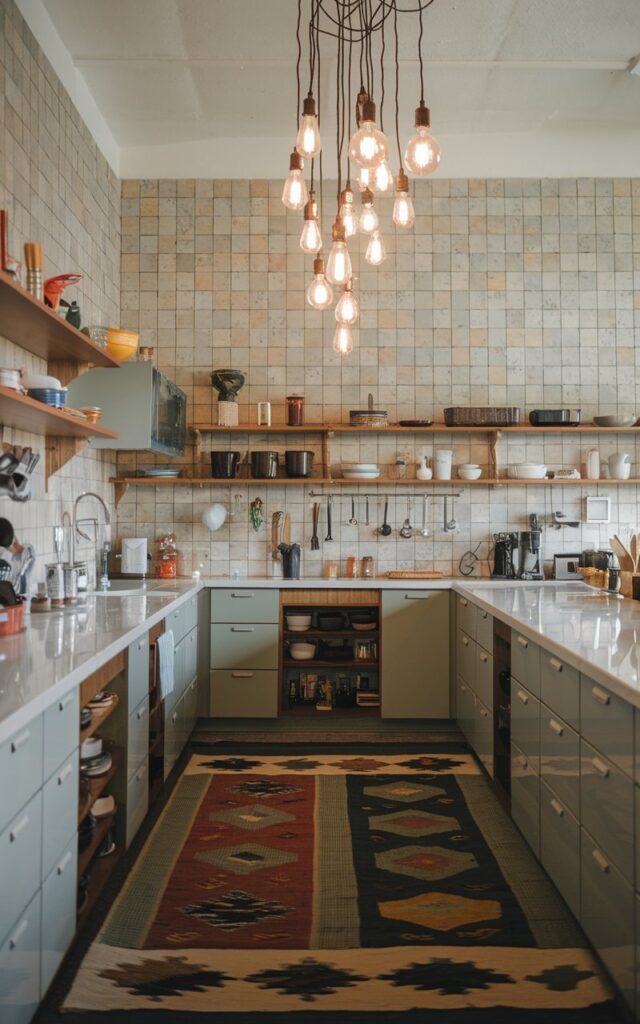 A photo of a mid-century modern kitchen with an eclectic style. The kitchen has a large-sized tile backsplash. The wall is paired with sleek cabinetry and open layouts. There is a cluster of edison bulb pendant lights hanging from the ceiling. The floor has a contrasting rug. The kitchen and countertop are fully furnished. The natural light is soft and mild.