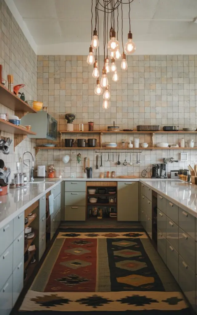 A photo of a mid-century modern kitchen with an eclectic style. The kitchen has a large-sized tile backsplash. The wall is paired with sleek cabinetry and open layouts. There is a cluster of edison bulb pendant lights hanging from the ceiling. The floor has a contrasting rug. The kitchen and countertop are fully furnished. The natural light is soft and mild.