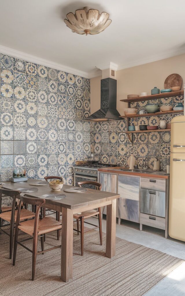 A photo of a boho-style kitchen with an eclectic design. The wall has a unique encaustic tile pattern in shades of blue, yellow, and white. The kitchen is fully furnished with a wooden table, chairs, a stove, a refrigerator, and cabinets. There is a woven rug on the floor. The ceiling has a boho-inspired light fixture. The lighting is soft, even, and ambient.