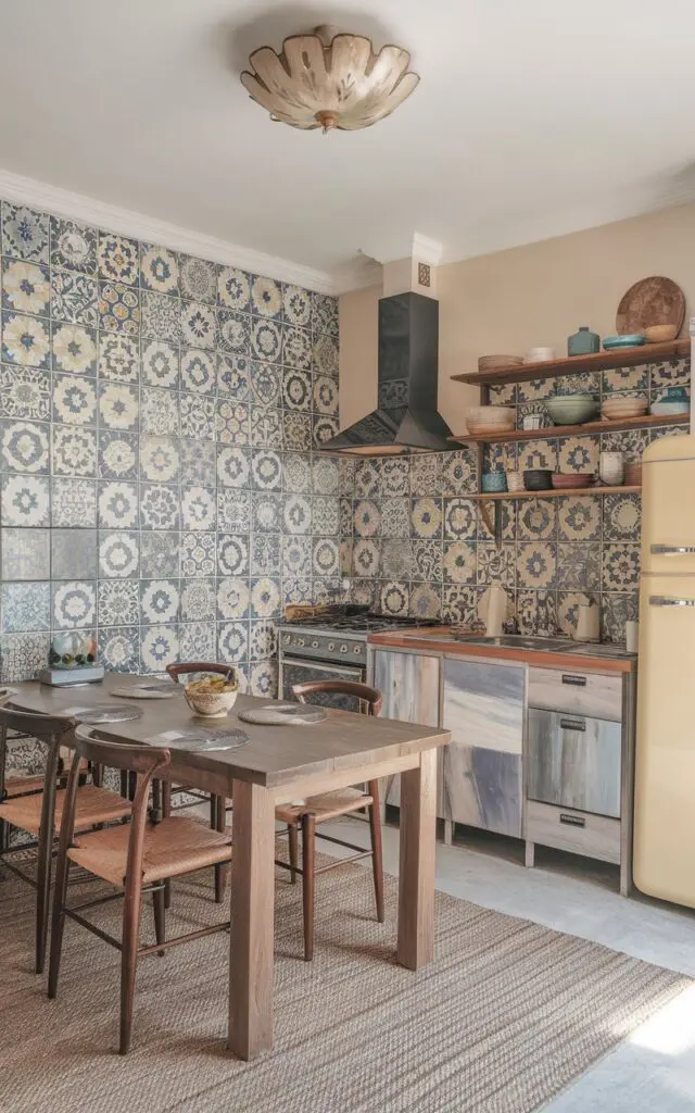 A photo of a boho-style kitchen with an eclectic design. The wall has a unique encaustic tile pattern in shades of blue, yellow, and white. The kitchen is fully furnished with a wooden table, chairs, a stove, a refrigerator, and cabinets. There is a woven rug on the floor. The ceiling has a boho-inspired light fixture. The lighting is soft, even, and ambient.
