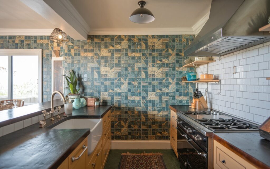 A photo of an eclectic kitchen with a ceramic tile wall that gives a tropical touch. The kitchen is fully furnished with a countertop, sink, and stove. The ceiling is trimmed and has a modern pendant light. The floor has a contrasting rug. The natural light is soft and warm.