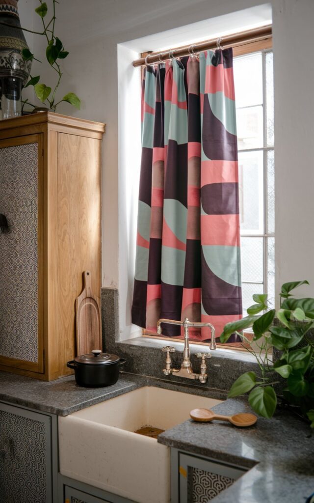A photo of an eclectic kitchen with a window having a bold geometric print curtain above an integrated granite sink. The light is filtered and soft. There is a wooden cabinet with a patterned door, a white wall, and a green plant near the window. A black pot and a wooden spoon are placed on the granite counter.