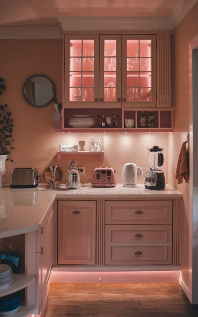 A photo of a cozy and luxurious electric kitchen at night. The kitchen has under-cabinet lighting in warm pink. There are various kitchen essentials like a toaster, kettle, and blender on the counter. The walls are painted in a soft beige color. The floor is made of wood.