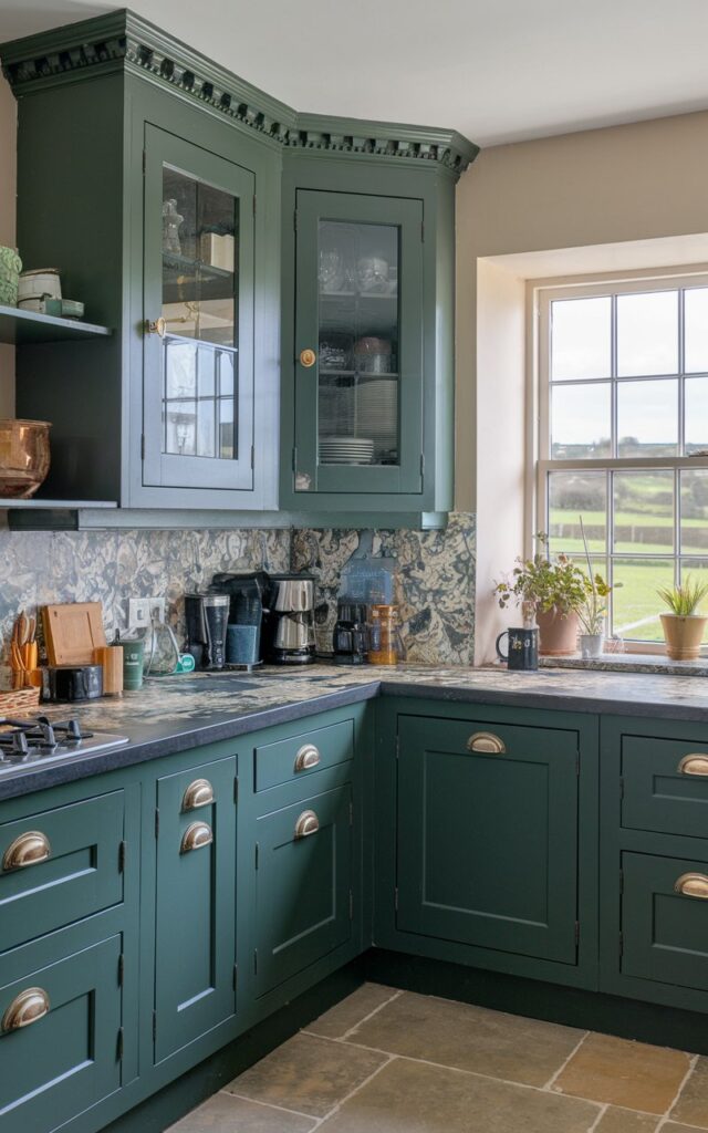 A photo of a corner angle in an English countryside kitchen. The dark green cabinets have crown molding and are fully furnished. The countertop has a contrasting backsplash. The background reveals a window with a view of the countryside.