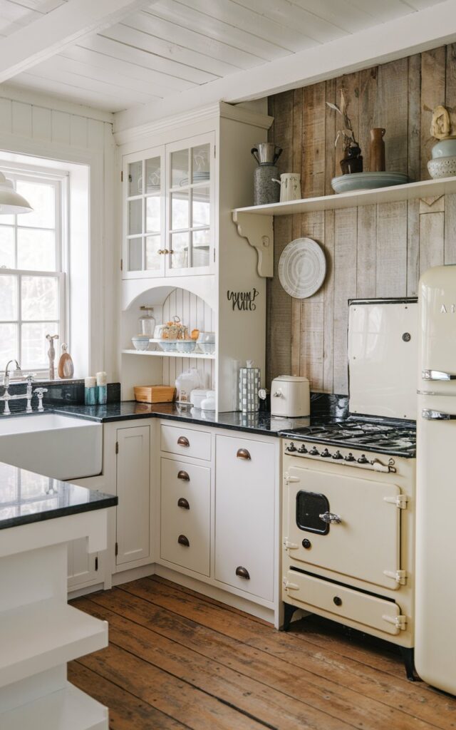 A mid-shot level photo of a shabby chic + farmhouse kitchen with a black granite countertop. The kitchen is fully furnished and has an ergonomic design. The room contains a white cabinet with a window, a wooden cabinet with shelves, a vintage stove, a sink, and a refrigerator. There are also a few decorative items on the countertop. The floor is made of wooden planks.