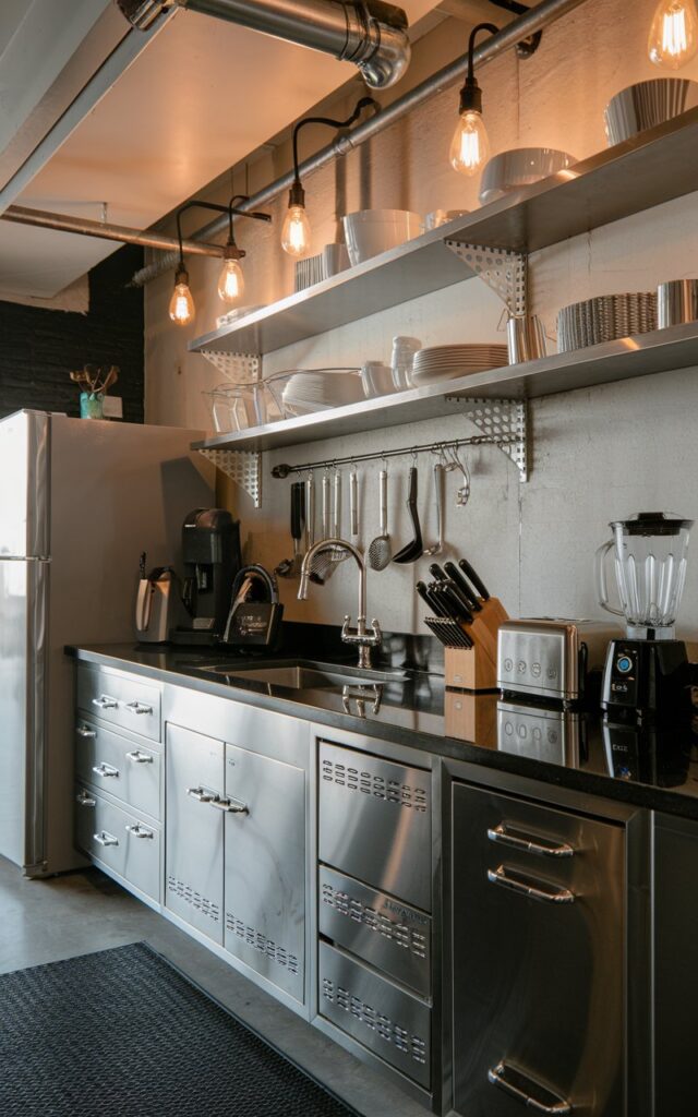 A photo of an industrial kitchen with a matte black granite countertop and stainless steel appliances and accents. The ceiling has Edison bulb pendant lights. The counter is fully furnished with a sink, a faucet, a knife block, a toaster, and a blender. There is an industrial rug on the floor.