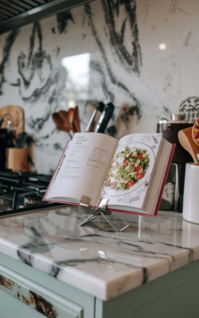 A mid-shot view of an open cookbook placed on a metallic stand on a marble kitchen countertop. The cookbook has a recipe for a salad and is decorated with doodles. The countertop also contains other essentials. The kitchen has a unique backsplash.