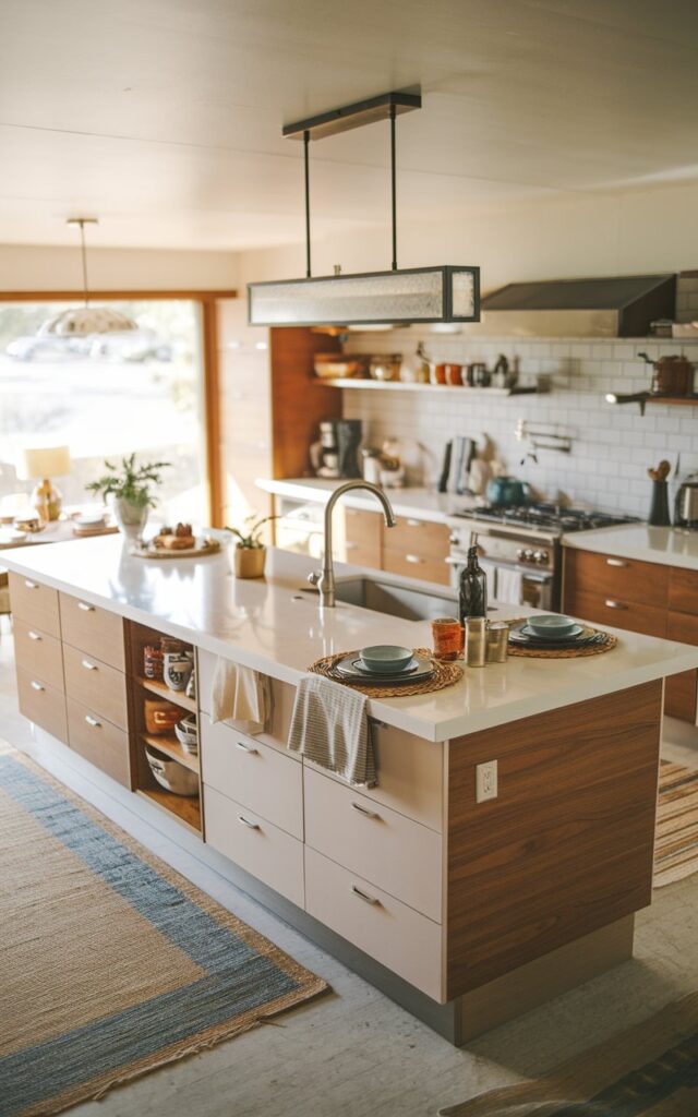 A top-angle view photo of an open kitchen in Mid-century Modern style. The kitchen has a fully furnished island with a waterfall edge. The island has contrasting cabinets, a faucet, utensils, etc. The island ceiling has a linear pendant light. The floor has a rug. The natural light is soft and warm.