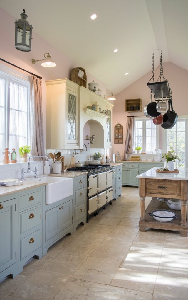 A photo of a Shabby Chic + farmhouse-style open kitchen with a few cabinets in soft gray or pastel colors, creating an airy and spacious feel. The kitchen is fully furnished with a white farmhouse sink, a vintage stove, and a wooden island with a marble top. There are also several pots and pans hanging above the island. The floors are covered with beige tiles. The walls have a few decorative items, including a lantern and a wooden crate. The room has a vaulted ceiling and is illuminated by recessed lighting and sunlight streaming through the windows, which have thick curtains.