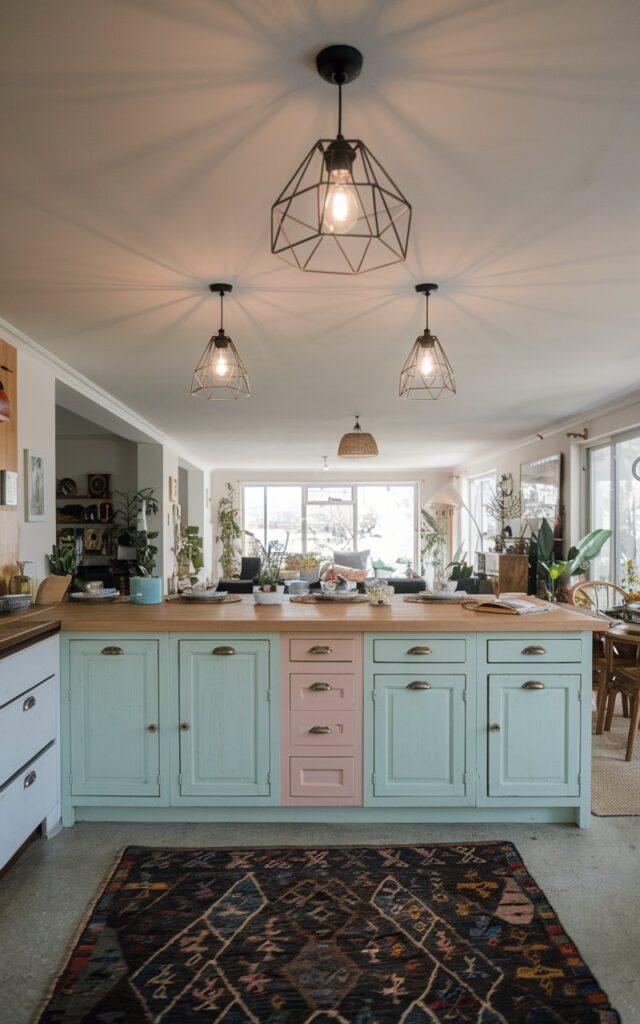 A photo of an open-plan kitchen with a pastel-colored cabinet island. The kitchen is fully furnished, with a rug on the floor. The ceiling has 2-3 geometrical shape pendant lights with light on. The kitchen naturally flows into a living space. The natural light is filtered.