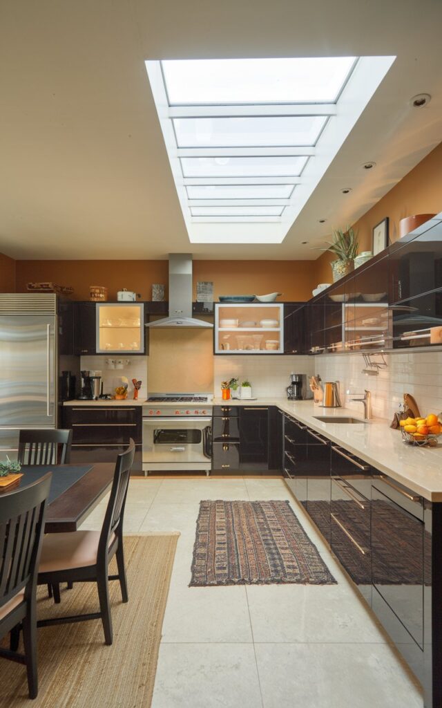 A photo of an open-plan kitchen with sleek, dark cabinetry and a light countertop and backsplash. There is a skylight ceiling and a rug on the floor. The kitchen is fully furnished, with appliances such as a stove, oven, refrigerator, and dishwasher. There are also cabinets, a sink, and a countertop. A dining table and chairs are placed near the kitchen. The walls are painted in a warm hue.