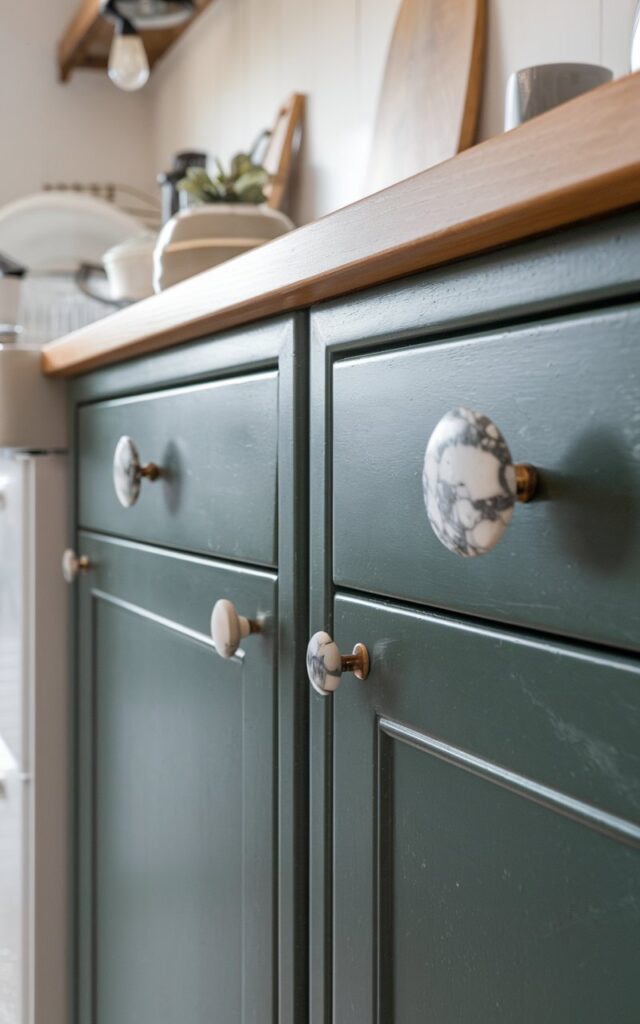 A photo of a close up view of a few dark green cabinets in a kitchen. The cabinets have marble patterned knobs. The cabinets are placed against a white wall and have a few items on top. The background contains a white appliance and a light fixture.