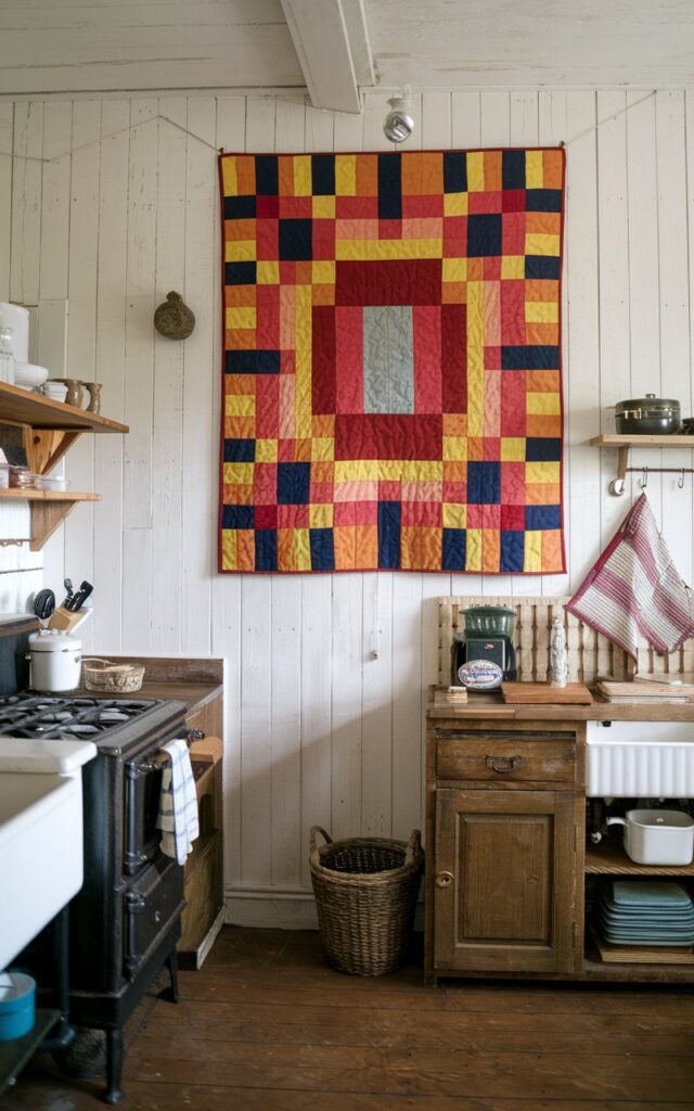 A photo of a rustic kitchen with a vintage quilt hung on the wall. The quilt has a bold, vibrant pattern with red, orange, yellow, and blue squares. The kitchen is fully furnished, with a wooden cabinet, a vintage stove, and a sink. There is a basket and a few items on the countertop. The floor is made of wood. The wall has a few nails and a few hanging items. The overall ambiance of the room is warm and inviting.