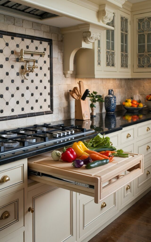 A photo of a traditional kitchen with a black granite countertop. A pull-out cutting board is installed within the countertop. The cutting board is filled with various vegetables. The kitchen is fully furnished, with a unique backsplash. The lighting is diffused and soft.