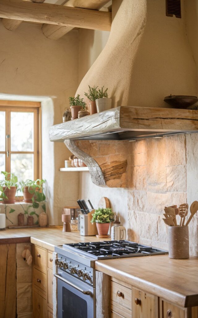 A photo of a rustic kitchen with a textured stone vent hood. The vent hood has a natural, earthy aesthetic. The kitchen has soft, ambient lighting. The walls, countertop, and appliances are made of wood. There are potted plants near the window.