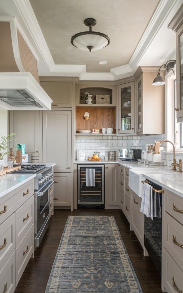 A photo of a farmhouse-style modern luxurious kitchen with a compact fridge under a cabinet, a hidden microwave, and a hidden dishwasher. The kitchen has contrasting cabinet color, appliances, backsplash, ceiling light, and rug. The countertop and kitchen are fully furnished. The ceiling is coved with a farmhouse-style chandelier.