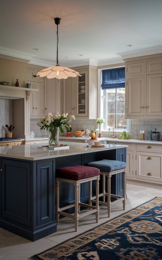 A photo of a L-shaped kitchen with a deep navy blue island. The kitchen cabinetry is light beige, and the island has cushion stools in a contrasting color. A flower-shaped pendant light hangs above the island. There is a stylish rug on the floor. The lighting is soft and ambient.