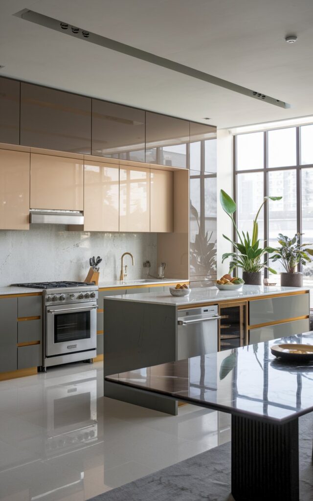 A photo of a luxurious, Bauhaus modern kitchen with a large window. The kitchen contains sleek appliances, including a stainless steel oven and a dishwasher. A large, dark grey island with a white countertop is in the center of the room, with a marble-topped dining table. There are potted plants near the windows. The room is filled with even light.
