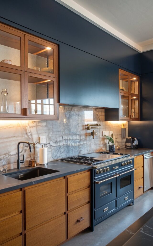 A photo of a luxurious, Bauhaus-inspired modern kitchen with two-tone cabinetry. The cabinetry is painted in contrasting hues, with the upper cabinets in a deep navy blue and the lower cabinets in a warm, honey oak. The kitchen has a marble-look backsplash in a light grey hue. The countertops are made of a sleek, black material. The kitchen is equipped with a double oven, a cooktop, and a dishwasher. The walls and the cabinets are illuminated by filtered, even light.