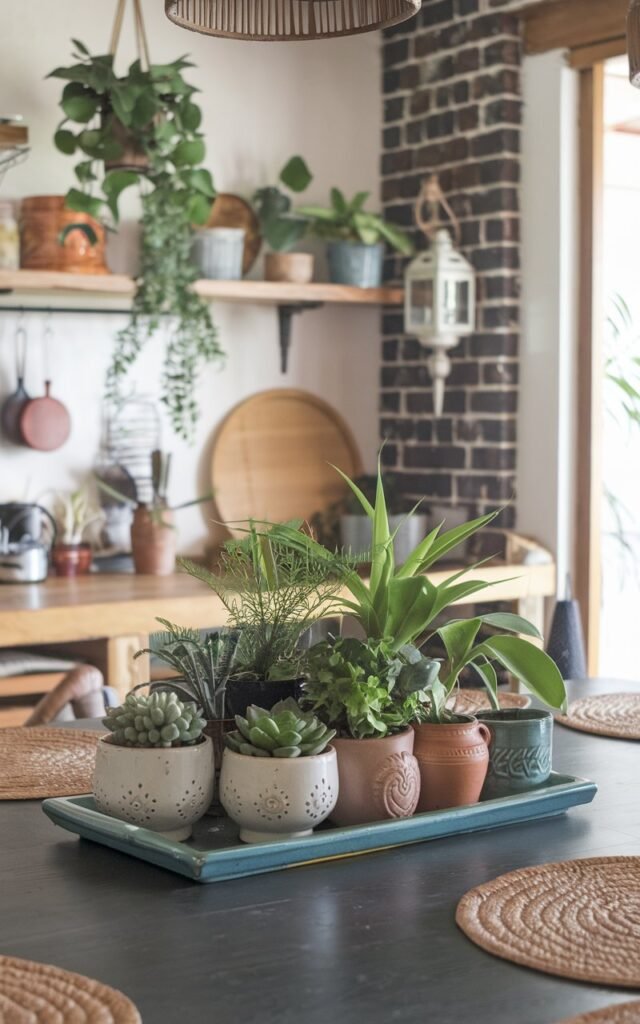 A photo of a chic Balinese-style kitchen with a dining table. The table has a centerpiece of small plants, including succulents, ferns, and herbs. The plants are placed on a tray and are in cute ceramic pots, terracotta planters, and repurposed mugs. The kitchen has a rustic charm with wooden elements and exposed brick walls. There are also hanging plants and a lantern. The overall ambiance is relaxed and organic.