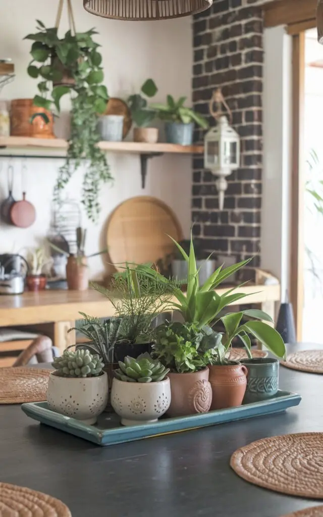A photo of a chic Balinese-style kitchen with a dining table. The table has a centerpiece of small plants, including succulents, ferns, and herbs. The plants are placed on a tray and are in cute ceramic pots, terracotta planters, and repurposed mugs. The kitchen has a rustic charm with wooden elements and exposed brick walls. There are also hanging plants and a lantern. The overall ambiance is relaxed and organic.