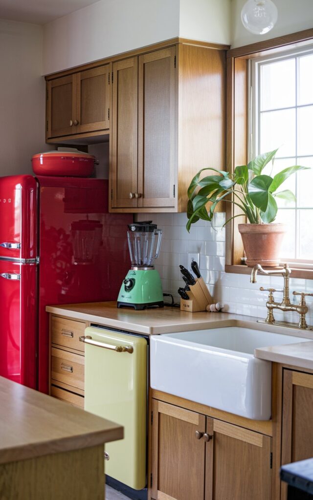 A photo of a Bauhaus + Craftsman kitchen with a mix of bright color appliances. There's a red fridge, a green blender, and a yellow dishwasher. The cabinets are a medium wood tone. The countertop is a light beige. There's a white sink with a brass faucet. A potted plant adds a touch of greenery. The room has soft, diffused natural light.