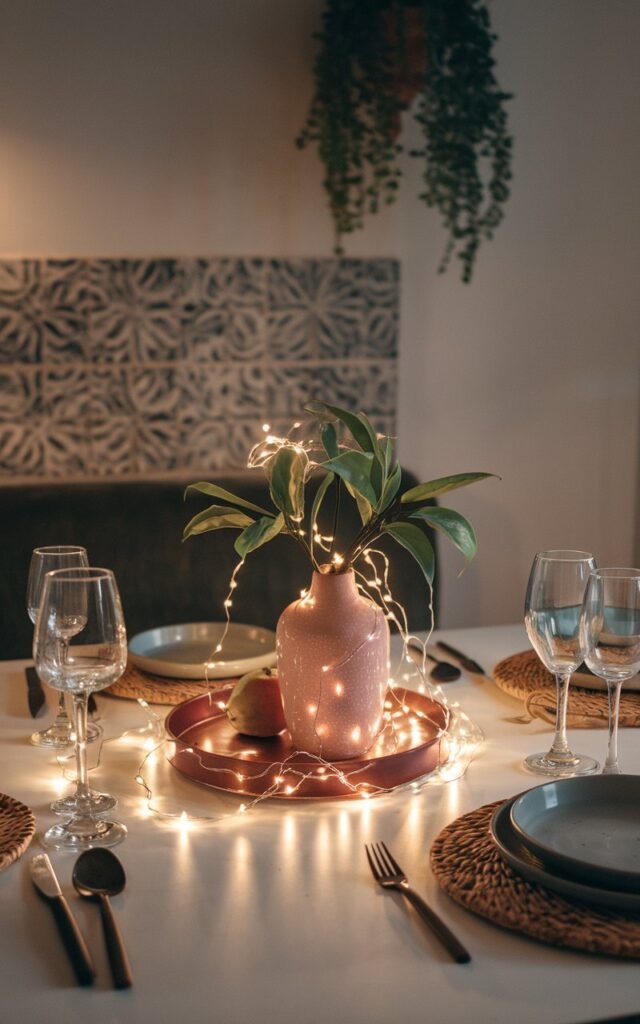 A photo of a boho and art deco kitchen dining table with a twinkle light draped around a centerpiece like a vase, a bowl of fruit, or a decorative tray. The table is set with essentials and functional items, such as plates, utensils, and glasses. The main lights are dimmed, allowing the twinkle lights to cast a warm glow over the table. The background contains a wall with a patterned tile and a hanging plant.