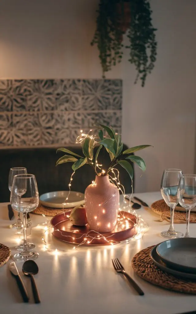 A photo of a boho and art deco kitchen dining table with a twinkle light draped around a centerpiece like a vase, a bowl of fruit, or a decorative tray. The table is set with essentials and functional items, such as plates, utensils, and glasses. The main lights are dimmed, allowing the twinkle lights to cast a warm glow over the table. The background contains a wall with a patterned tile and a hanging plant.