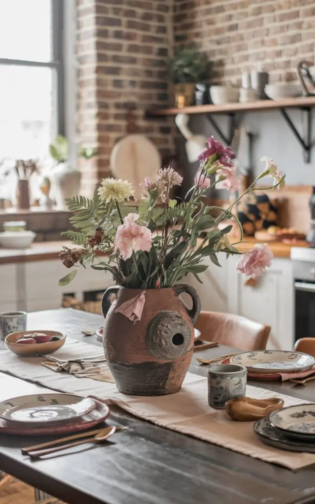 A photo of a boho-style kitchen with a dining table. The table has a vintage + rustic ceramic vase filled with fresh flowers as the centerpiece. There are also plates, utensils, and a table runner on the table. The kitchen has a rustic charm with exposed brick walls and wooden elements. The atmosphere is warm and inviting.
