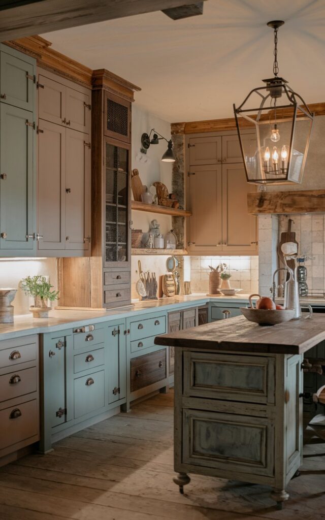 A photo of a French country rustic kitchen at night. The kitchen has a few cabinets in earthy tones such as soft green, warm taupe, and muted blue. The cabinets are paired with wood accents and vintage hardware. There is a stylish wooden island in the kitchen with a lantern-style glass pendant light. The warm lighting inside the kitchen illuminates the space.