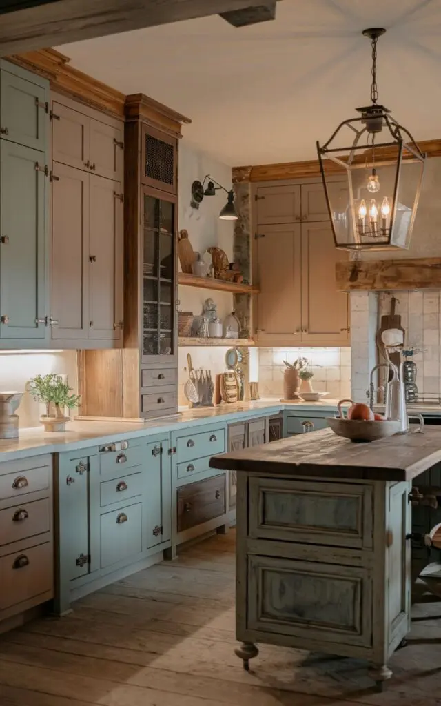 A photo of a French country rustic kitchen at night. The kitchen has a few cabinets in earthy tones such as soft green, warm taupe, and muted blue. The cabinets are paired with wood accents and vintage hardware. There is a stylish wooden island in the kitchen with a lantern-style glass pendant light. The warm lighting inside the kitchen illuminates the space.
