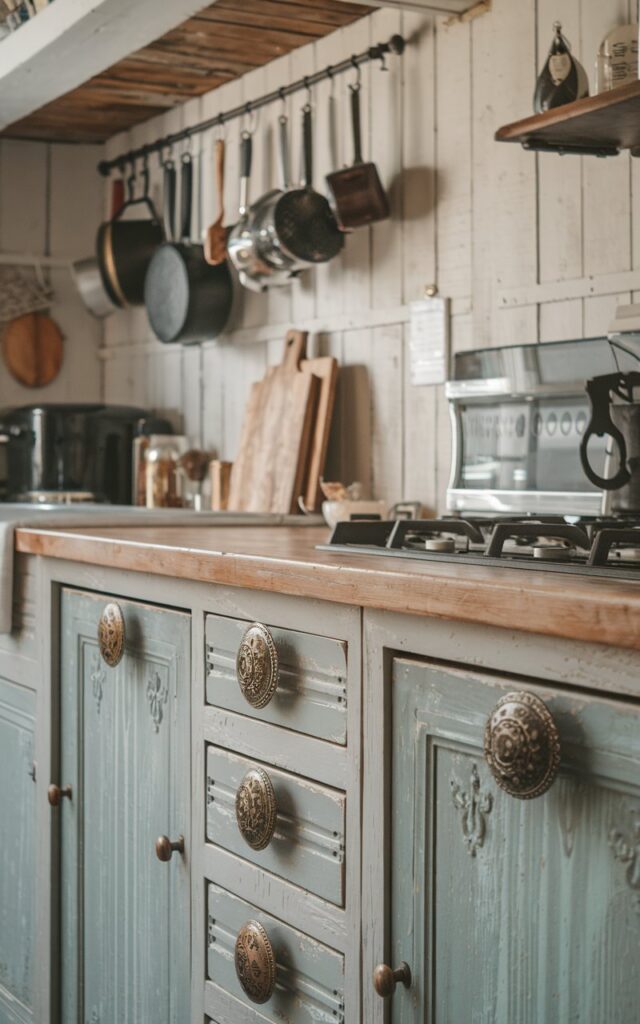 A photo of a French country rustic kitchen with a few modern cabinets. The cabinets have antique designer knobs. The kitchen has a wooden countertop and a few appliances. There are also some pots and pans hanging above the countertop. The cabinets have a distressed finish.