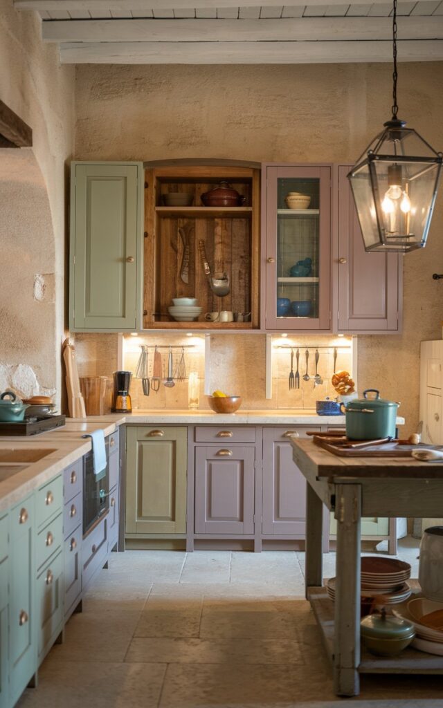 A photo of a French country rustic kitchen at night. The kitchen has warm, ambient lighting. There are a few cabinets in warm tones such as soft green, warm taupe, and muted blue. There is a stylish wooden island with a lantern-style glass pendant light. The floor is made of tiles. The walls have a beige stone texture. The countertops are made of beige stone. There are pots, utensils, and a wooden spoon on the island. The cabinets contain dishes and utensils.